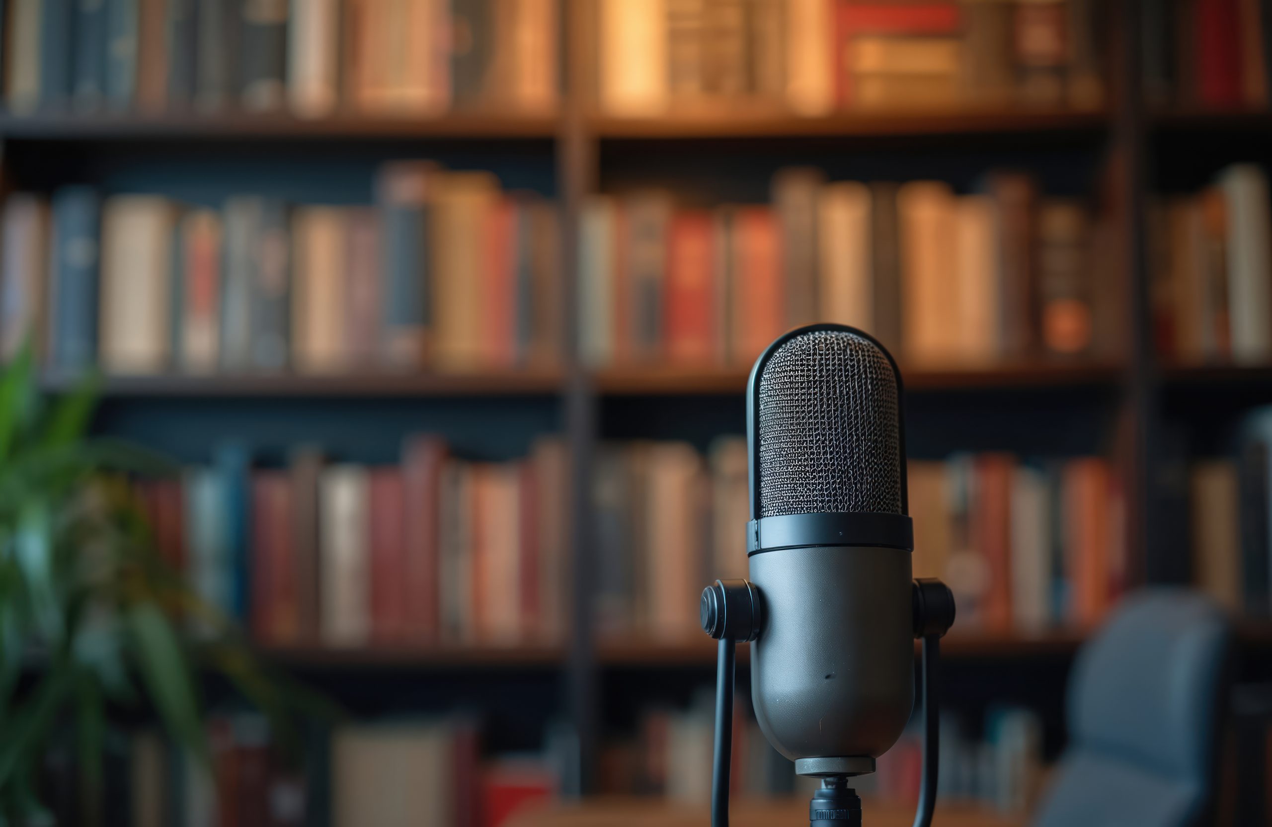 Professional microphone stands before blurred bookshelves, symbolizing a space for audio recording, podcasting, or public speaking. It conveys ideas, knowledge and voice sharing.